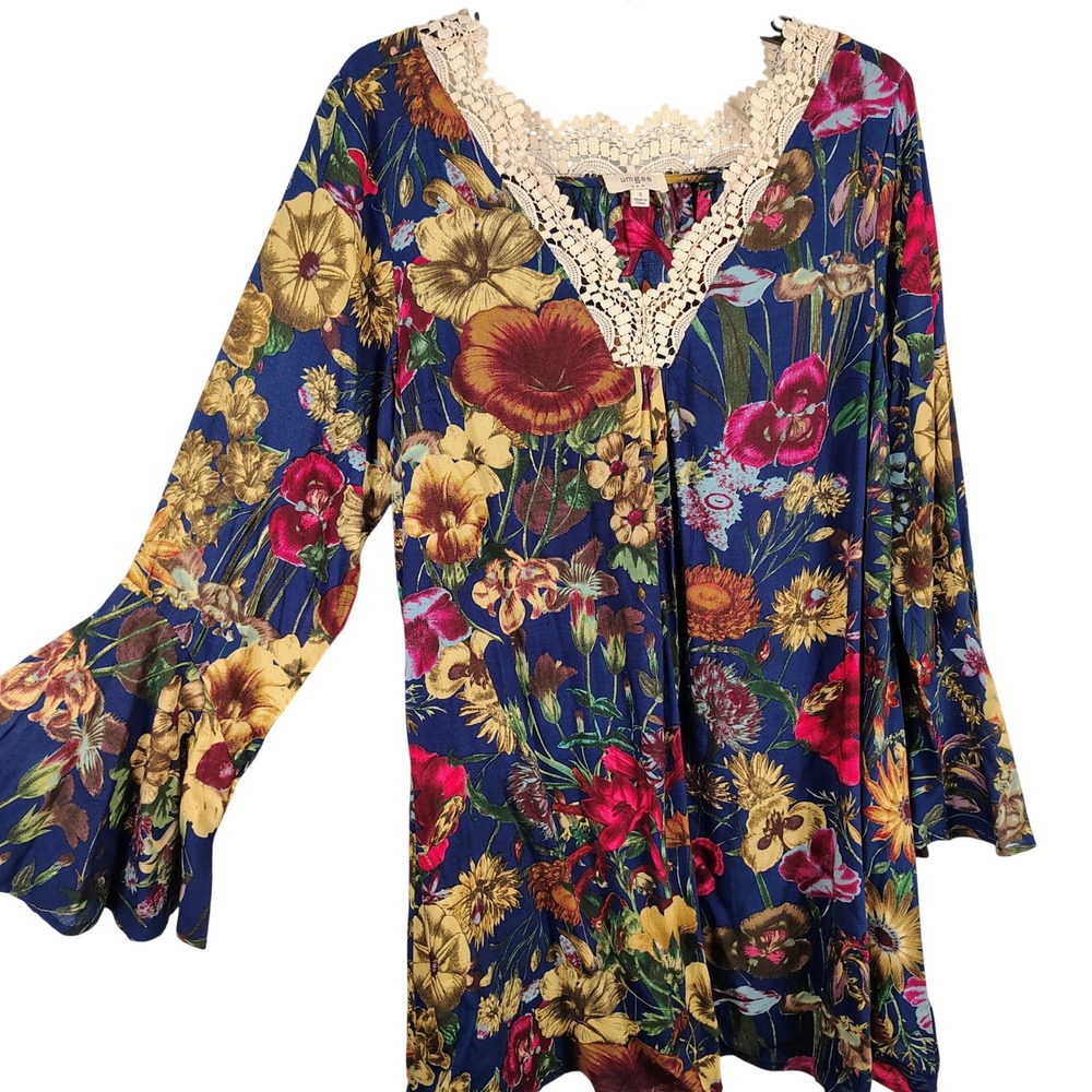 Umgee Womens S Floral Lace V-Neck Bell Sleeve Tunic Blue Boho Cottagecore